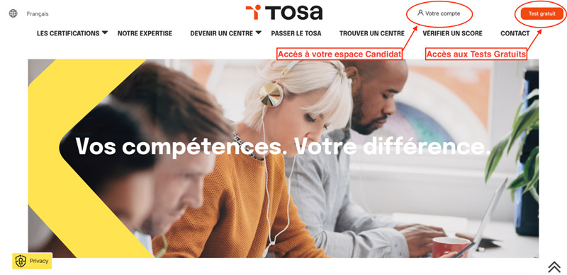 Escpace candidats Site Web Certification TOSA